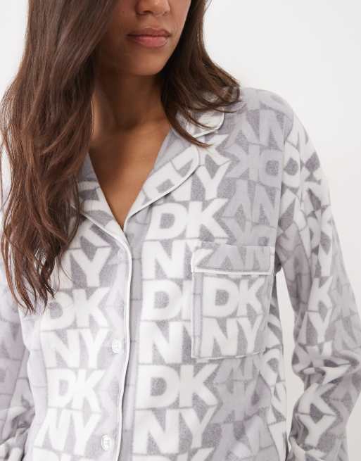 DKNY Stretch fleece long sleeve pyjama set in grey & white logo, 4 of 4