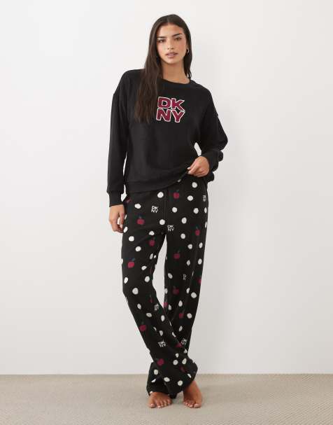 DKNY Stretch fleece long sleeve top & pant pyjama set in black print - view 1
