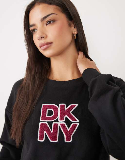 DKNY Stretch fleece long sleeve top & pant pyjama set in black print, 3 of 4