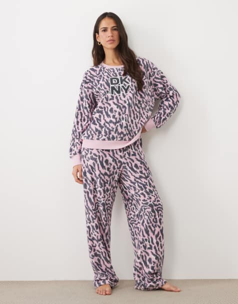 DKNY Stretch fleece long sleeve top & pant pyjama set in pink animal - view 1