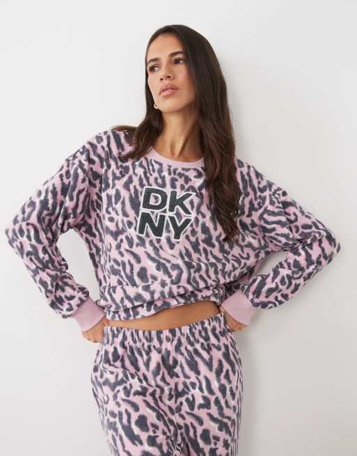 DKNY Stretch fleece long sleeve top & pant pyjama set in pink animal, 2 of 4