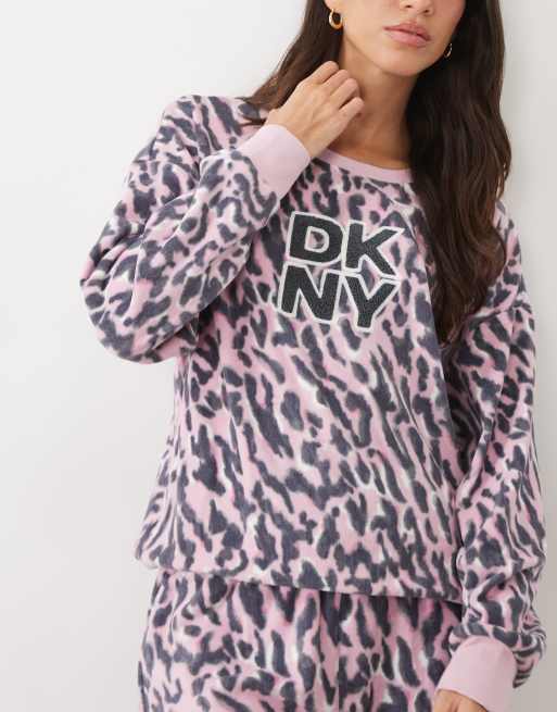 DKNY Stretch fleece long sleeve top & pant pyjama set in pink animal, 3 of 4