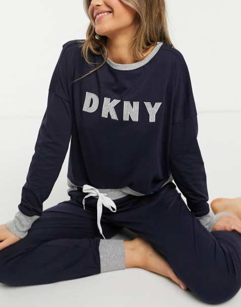 DKNY super soft logo sweat and jogger set in navy - view 1
