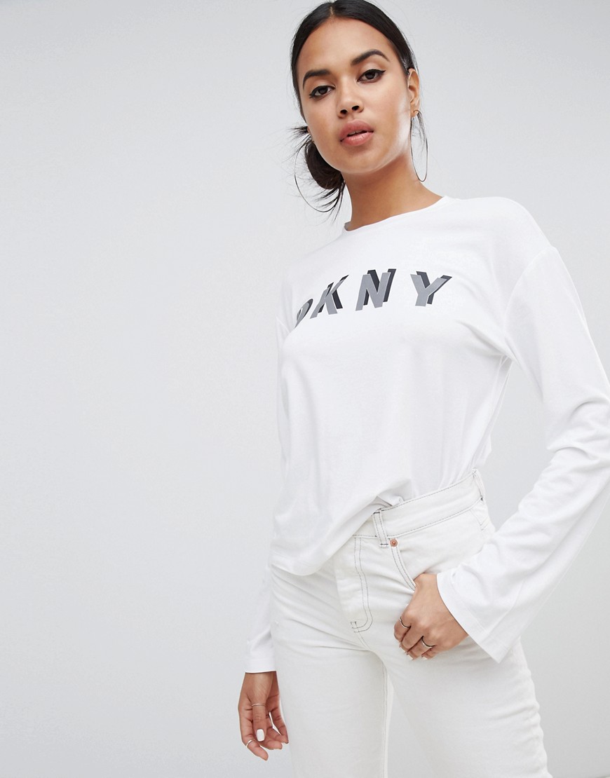 DKNY - T-shirt met rechte pasvorm, lange mouwen en reflecterend logo-Wit