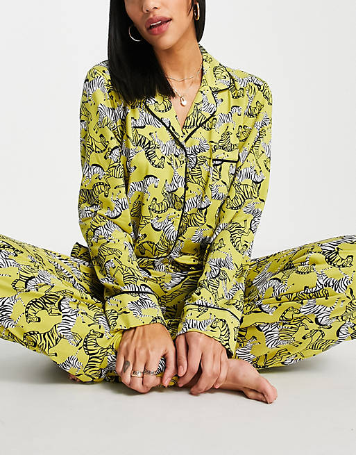 DKNY traditional long pyjama set in yellow zebra print | ASOS