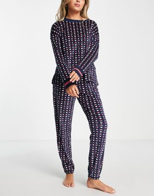 DKNY velour top and jogger lounge set in navy hearts print