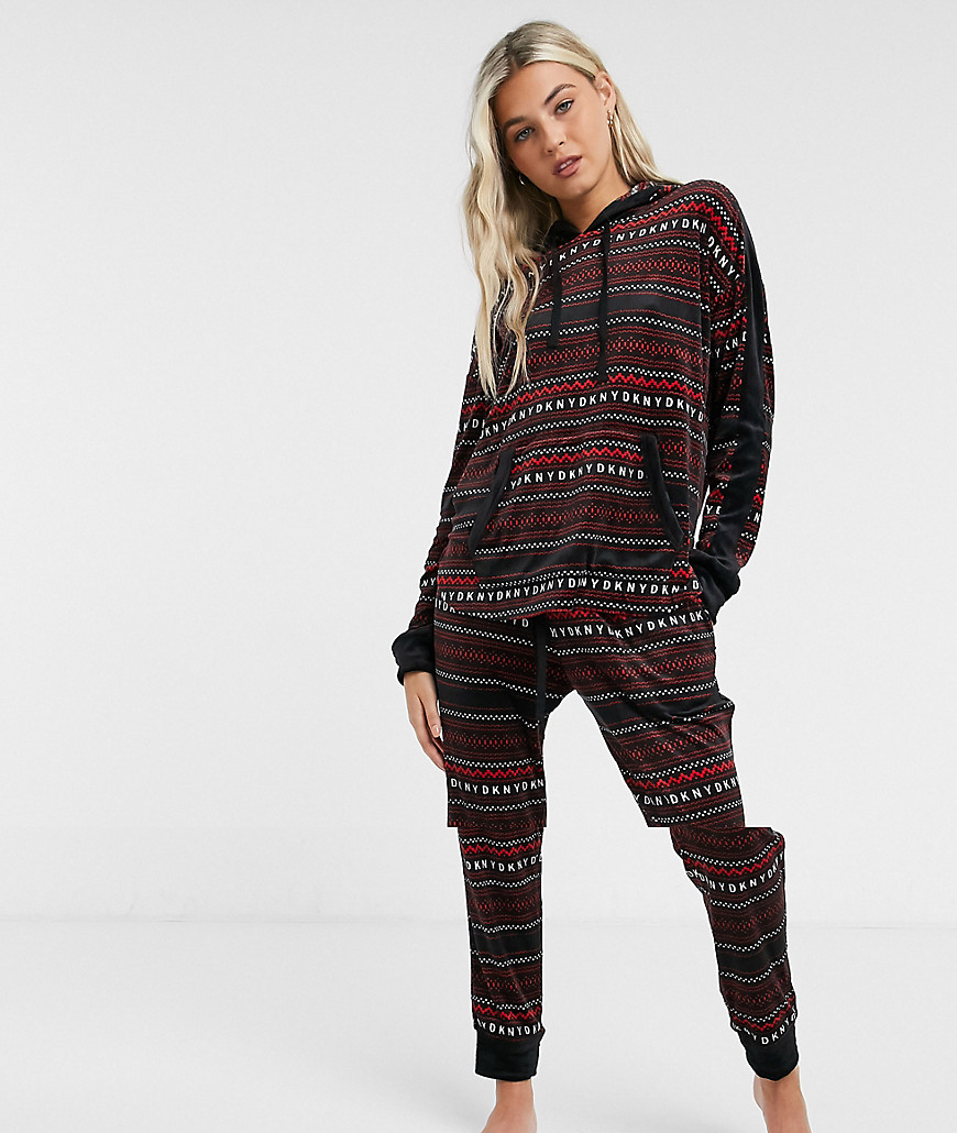 Dkny Velour Long Sleeve Hooded Top And Sweatpant Set With Fairisle Stripe In Black