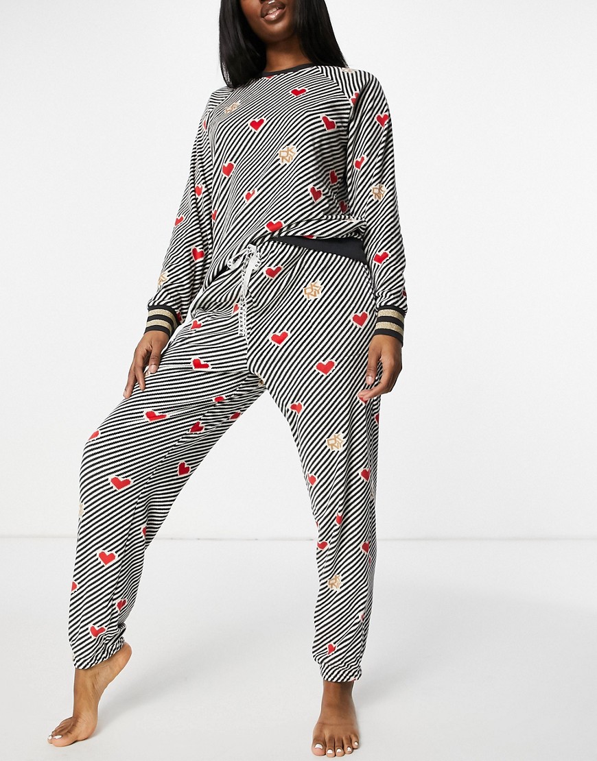 DKNY velour long sleeve jogger lounge set in all over heart and logo print-Black