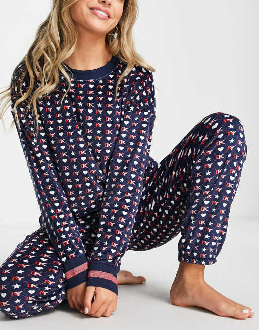 DKNY velour lounge top and trackies set in navy hearts print, 4 of 4