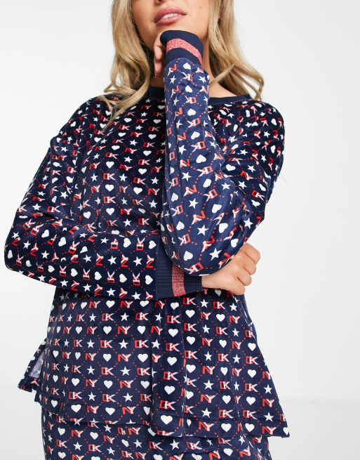 DKNY velour top and jogger lounge set in navy hearts print, 3 of 4