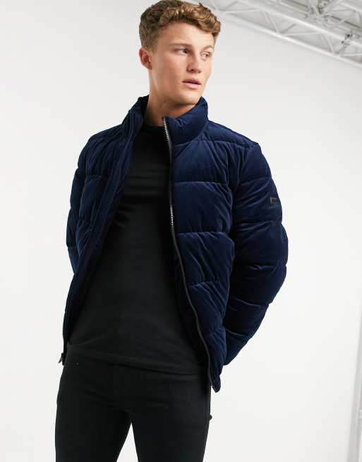 Navy blue shop velvet puffer jacket