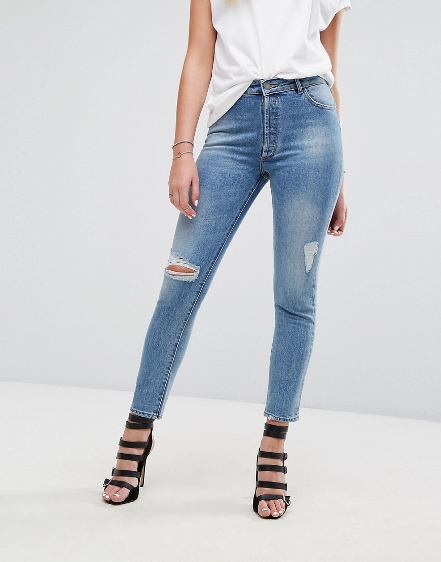 DL1961 – Bella – Smalt skurna jeans med revor och slitna partier-Blå