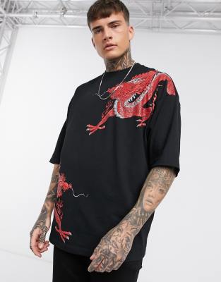 фото Длинная oversize-футболка из органического хлопка с принтом драконов asos design-черный