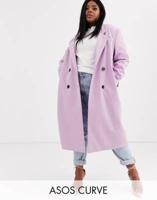 фото Длинное двубортное пальто лилового цвета asos design curve hero-фиолетовый asos curve