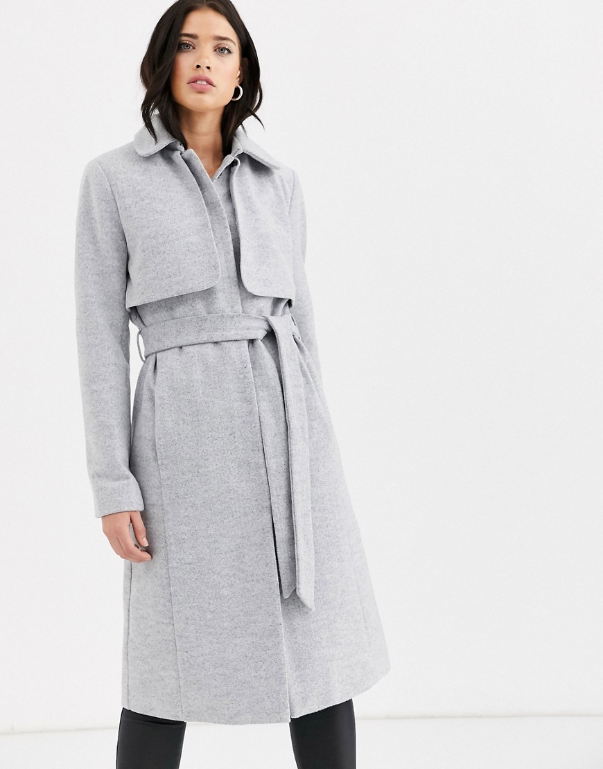 Длинное пальто с поясом и накидкой Fashion Union-Серый