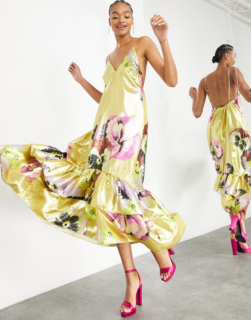 Длинное платье-трапеция с многоуровневым низом и золотистым цветочным принтом ASOS EDITION-Золотистый
