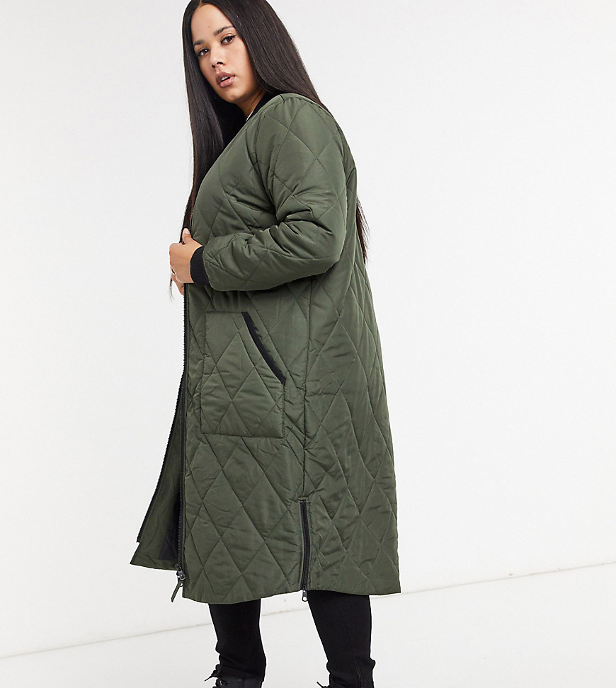 Длинное стеганое пальто цвета хаки Only Curve-Зеленый
