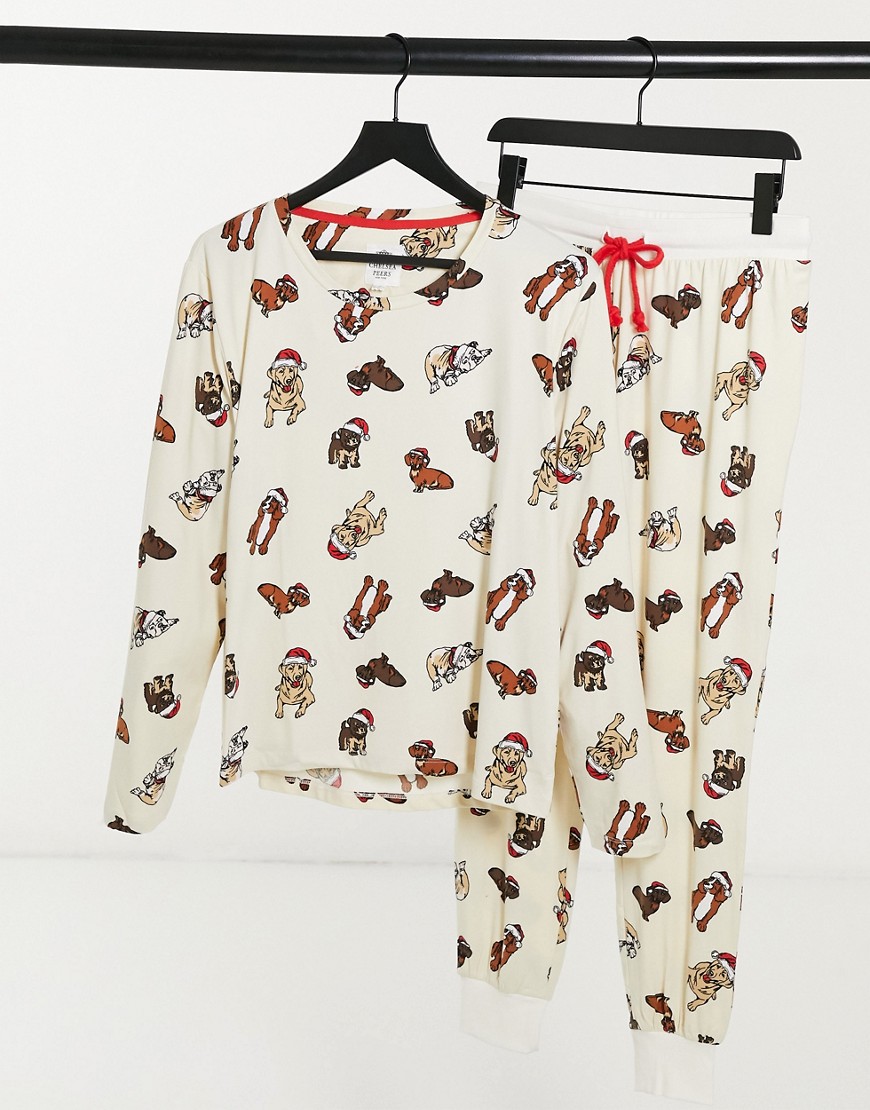 фото Длинный пижамный комплект с новогодним принтом в виде собачек chelsea peers-кремовый