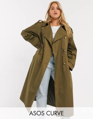 фото Длинный тренч цвета хаки asos design curve-зеленый asos curve