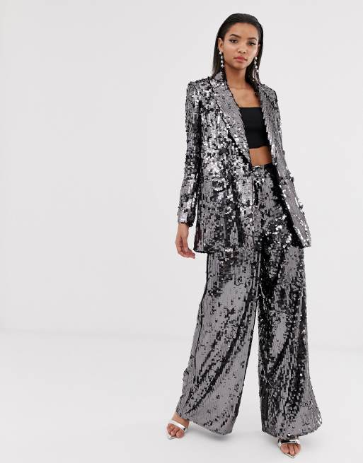 Dobbeltradet blazer og bukser med vide ben i kulfarvede palietter fra ASOS EDITION, 2 af 3