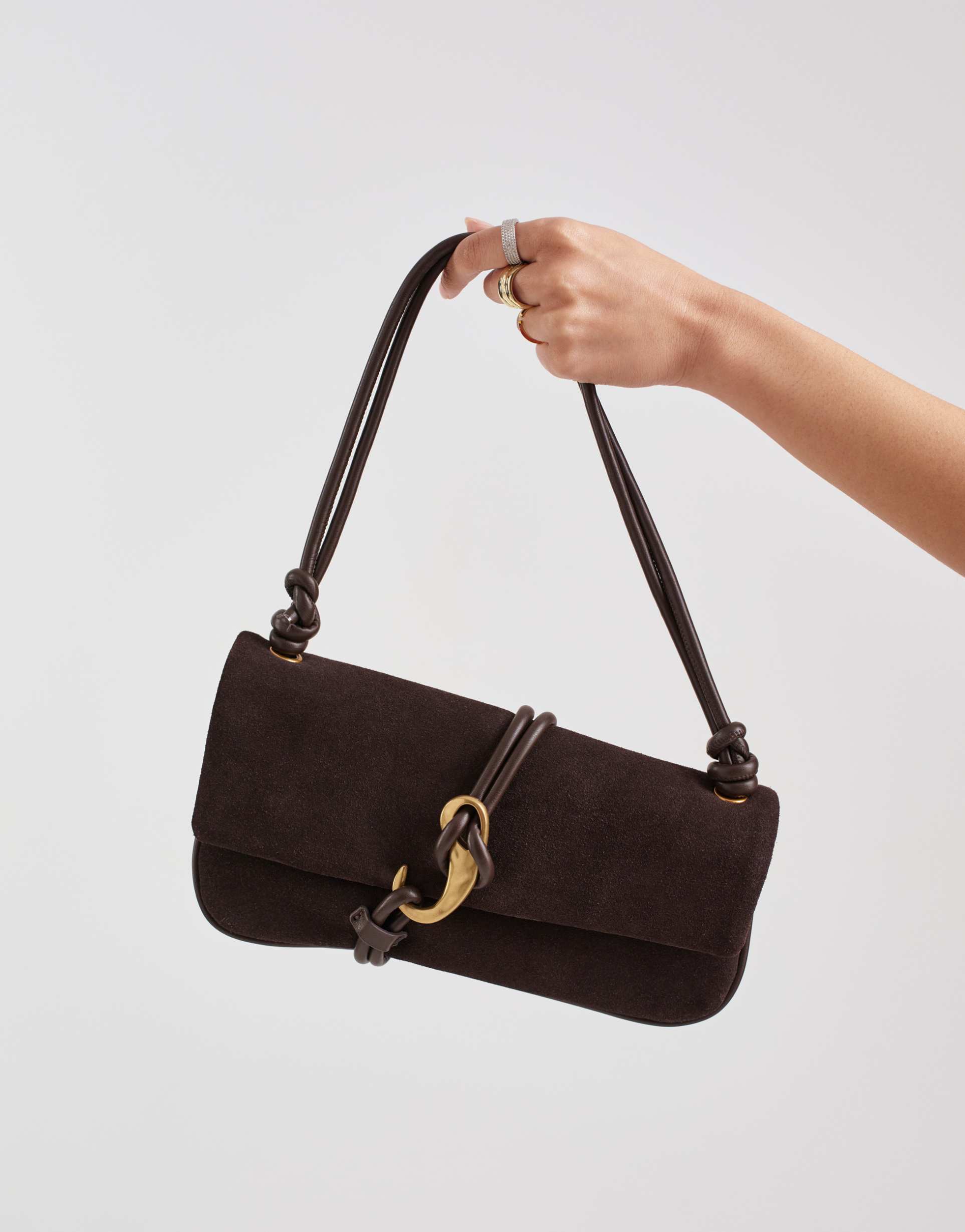 dolce vita alice suede shoulder bag with gold-tone hardware in chocolate brown