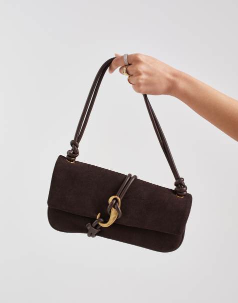 Dolce Vita – Alice – Wildleder-Schultertasche in Schokobraun mit goldfarbenem Metallbesatz - view 1