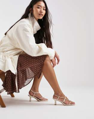  Mylee strappy mid heel sandals with gold hardware in creme leather