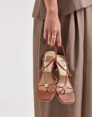 Dolce Vita Mylee strappy mid heel sandals with gold hardware in tan leather-Brown
