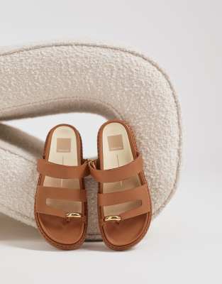  Sally toe loop sandals with gold hardware in tan leather