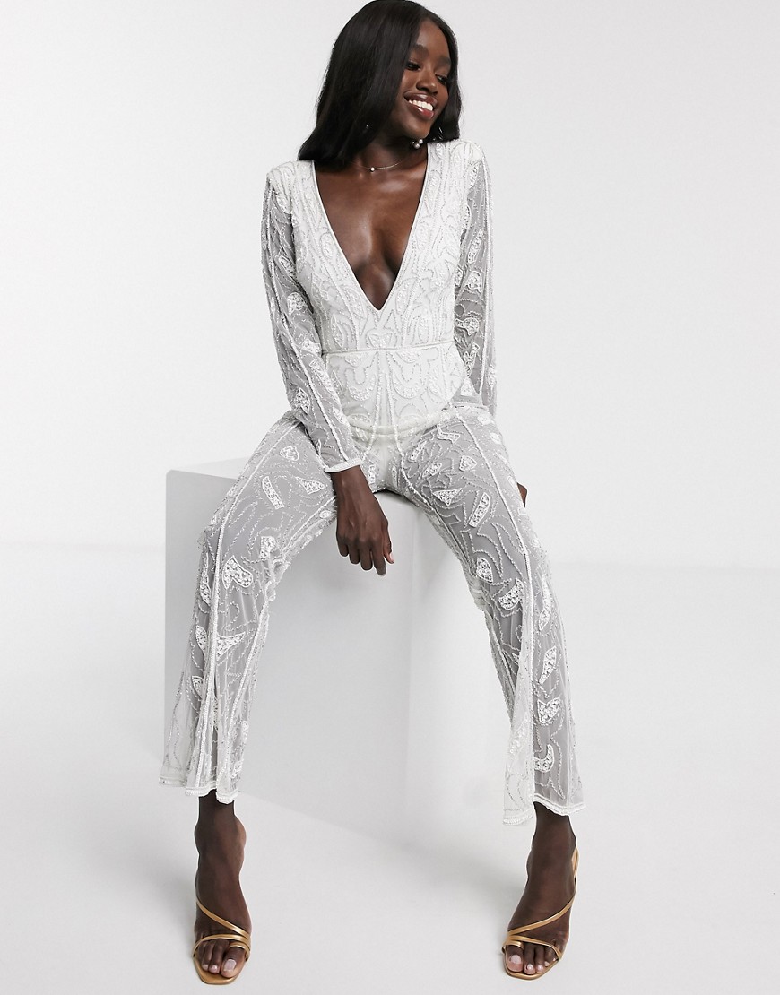 Dolly & Delicious all over embellished sheer leg jumpsuit in white