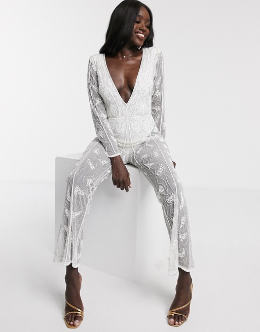 Dolly & Delicious all over embellished sheer leg jumpsuit in white