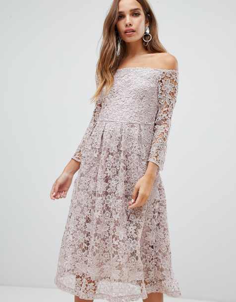 Dolly & Delicious bardot all over lace prom midi dress with bell sleeve in mauve
