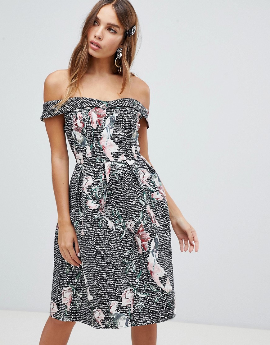 Dolly & Delicious bardot full prom midi dress with pockets in floral print-Multi