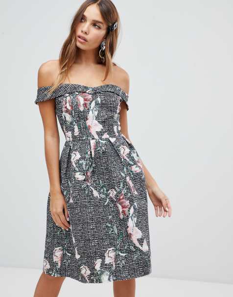Dolly & Delicious bardot full prom midi dress with pockets in floral print