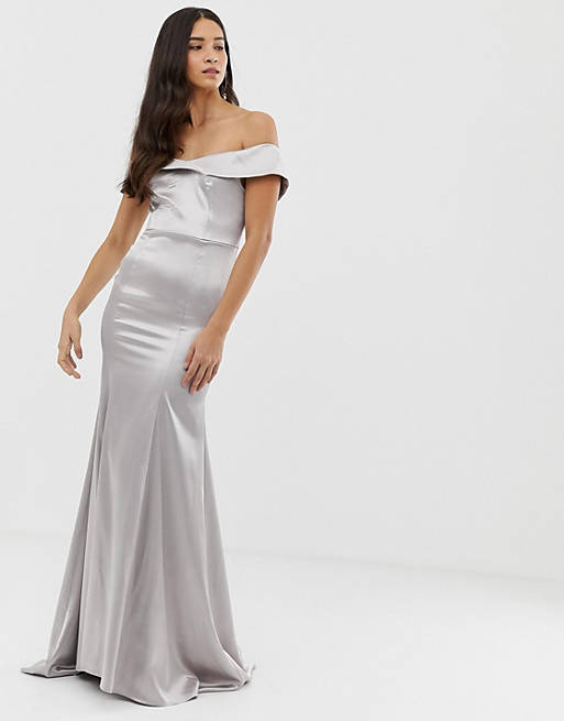 Dolly & Delicious bardot maxi dress with fishtail in silver satin