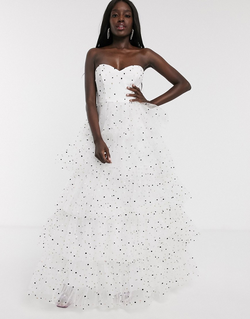 Dolly & Delicious bardot tiered full prom maxi dress in polka dot-White