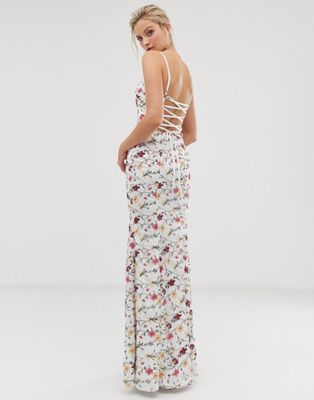 dolly & delicious cross back all over contrast floral embroidered midaxi prom dress in blue