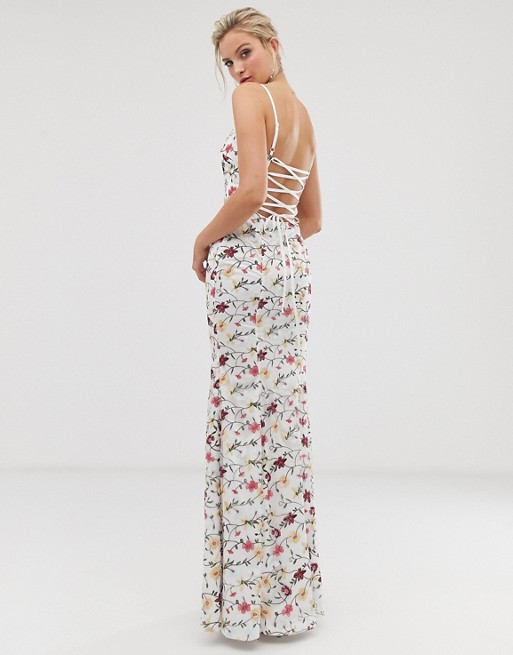 Dolly & Delicious contrast floral embroidered fishtail maxi dress in multi