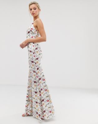 dolly & delicious cross back all over contrast floral embroidered midaxi prom dress in blue