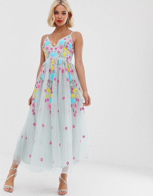 Dolly & Delicious cross back all over contrast floral embroidered midaxi prom dress in blue