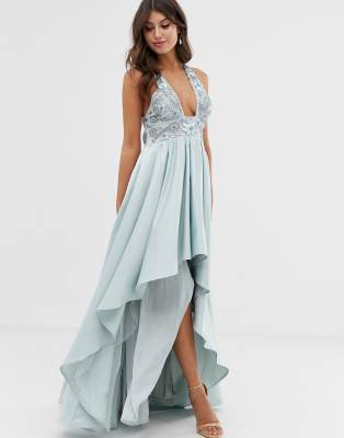dolly & delicious petite plunge front embellished maxi dress with high thigh split in ice blue