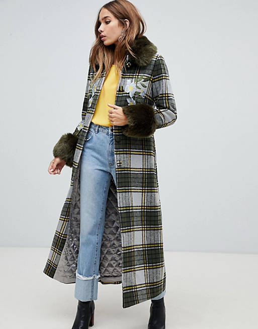 Dolly & Delicious embroidered check coat with faux fur trim in khaki | ASOS