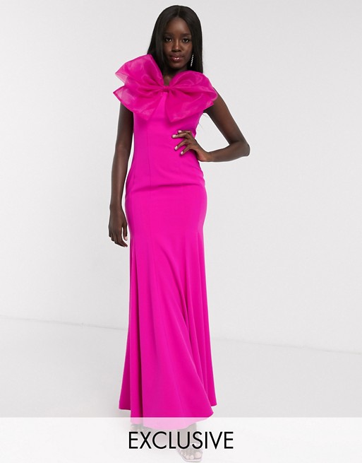 Dolly & Delicious exclusive bandeau fishtail maxi dress with large bow detail in hot pink