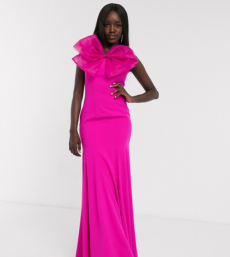 Dolly & Delicious exclusive bandeau fishtail maxi dress with large bow detail in hot pink