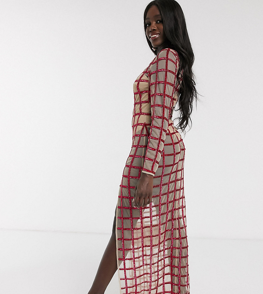 Dolly & Delicious exclusive embellished grid thigh split maxi dress with bodysuit underlay in pink