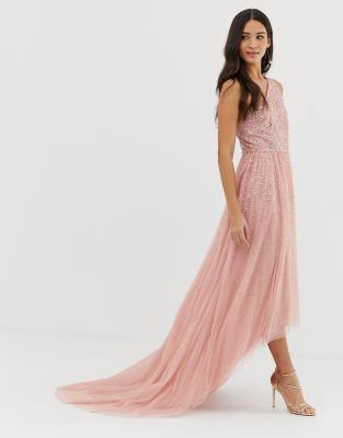 one shoulder embellished high low prom maxi dress in pink Dolly Delicious