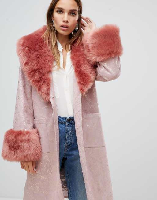 Miss Selfridge Faux Fur Collar And Cuff Dolly Coat in White