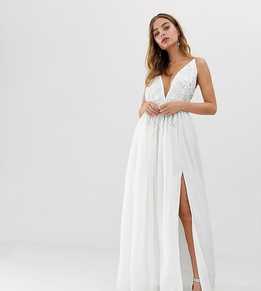 Dolly & Delicious Petite 3D applique embellished plunge front maxi dress with thigh split in white