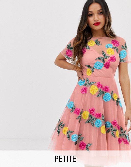 Dolly & Delicious Petite all over floral applique midi prom dress in pink