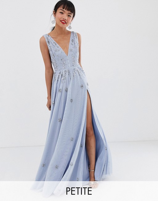 Dolly & Delicious Petite plunge front embellished maxi dress with high thigh split in ice blue